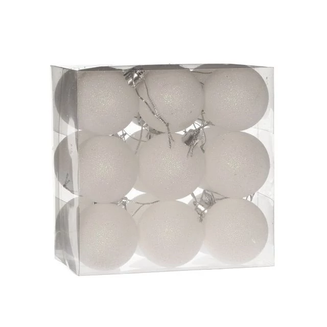 Műanyag gömb dobozban, 5 cm, fehér, glitteres, 18 db