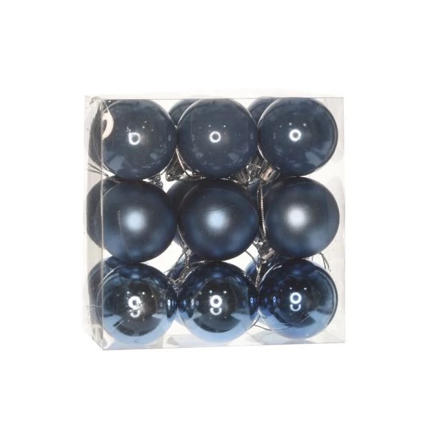 Műanyag gömb dobozban, 5 cm, kék, 3 féle, 18 db