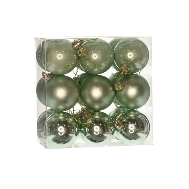 Műanyag gömb dobozban, 5 cm, menta zöld, 3 féle, 18 db
