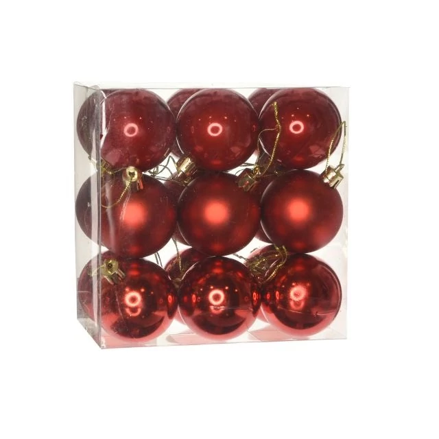 Műanyag gömb, dobozban, 5 cm, piros, 3 féle, 18 db