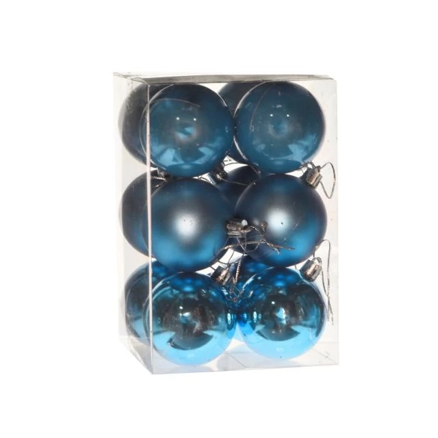 Műanyag gömb, dobozban, 6 cm, kék, 3 féle, 12 db