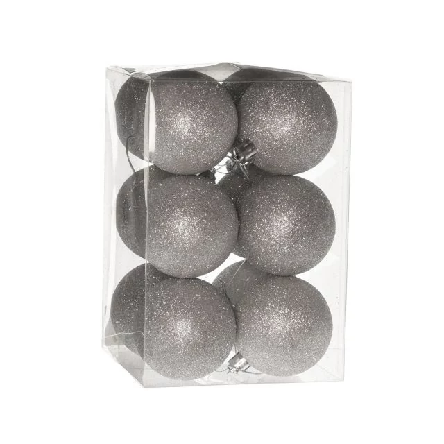 Műanyag gömb dobozban 6 cm ezüst glitteres 12 db