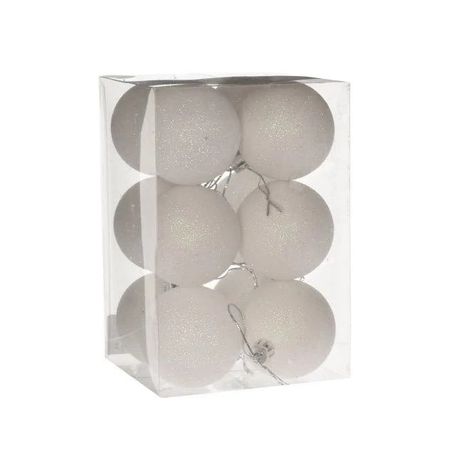 Műanyag gömb dobozban, 6 cm, fehér, glitteres, 12 db