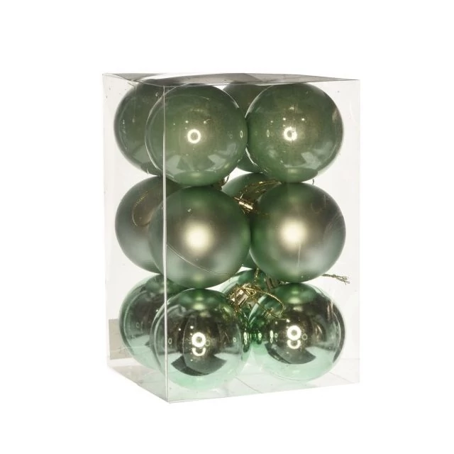 Műanyag gömb, dobozban, 6 cm, menta zöld, 3 féle, 12 db
