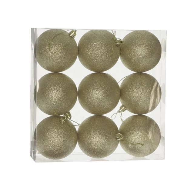 Műanyag gömb, dobozban, 8 cm, arany, glitteres, 9 db