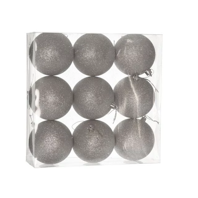 Műanyag gömb, dobozban, 8 cm, ezüst, glitteres, 9 db