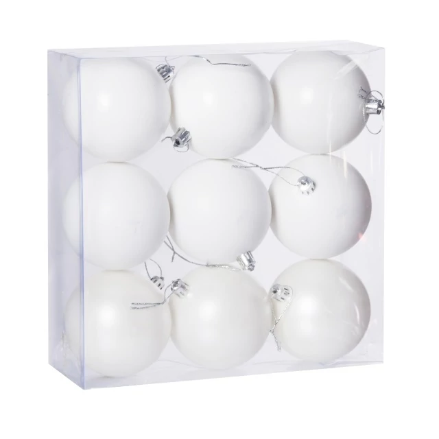 Műanyag gömb, dobozban, 8 cm, fehér, 3 féle, 9 db