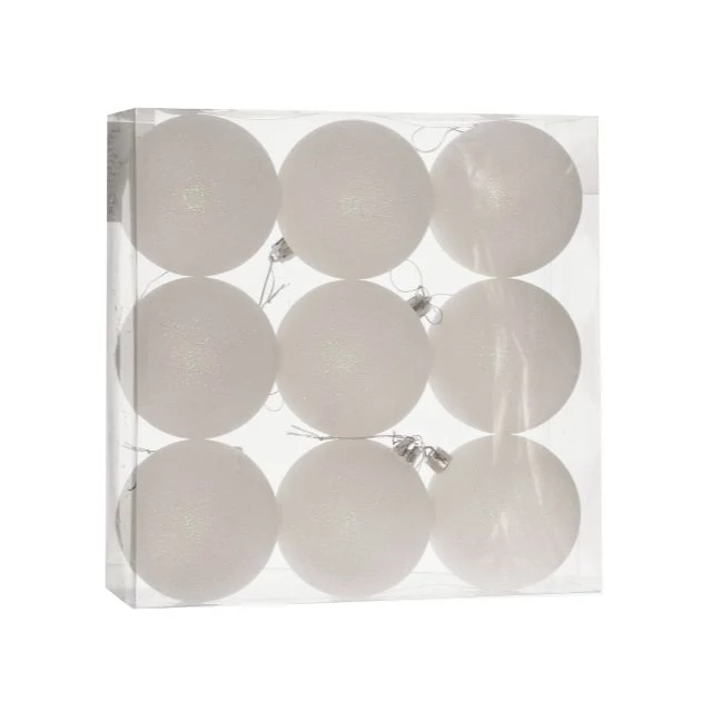 Műanyag gömb, dobozban, 8 cm, fehér, glitteres, 9 db