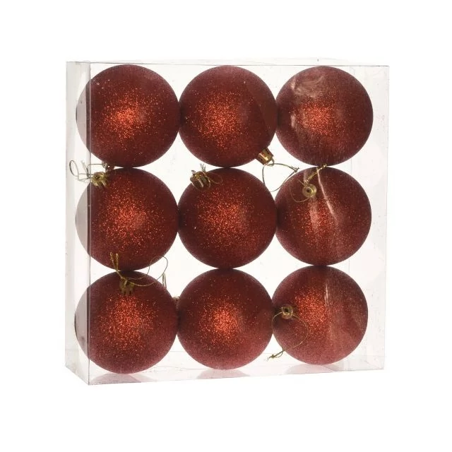 Műanyag gömb dobozban, 8 cm, piros, glitteres, 9 db