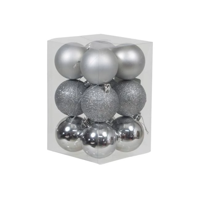 Műanyag gömb fényes-matt-glitteres 6 cm ezüst 12 db