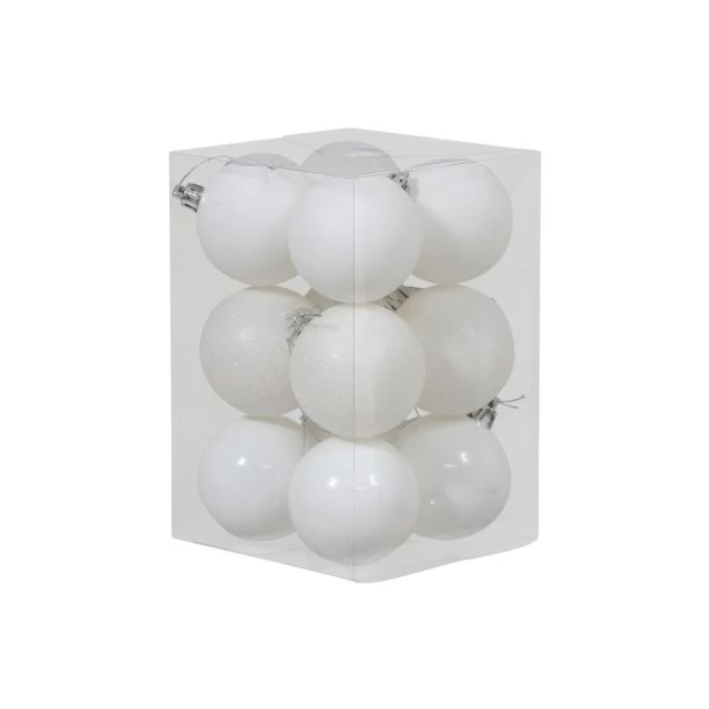 Műanyag gömb fényes-matt-glitteres 6 cm fehér 12 db