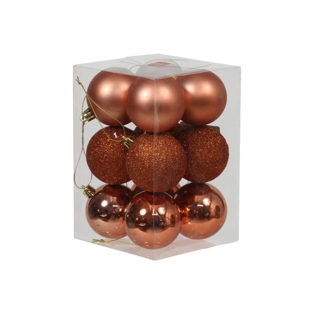 Műanyag gömb, 6 cm, réz, fényes-matt-glitteres, 12 db