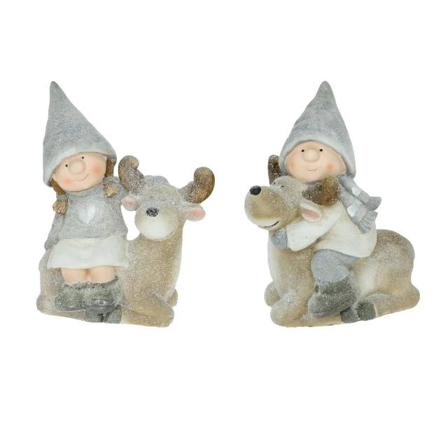 Gyerek figura rénszarvassal, fiú vagy lány, 36,5x22,5x45,5 cm, szürke és fehér (2 féle)