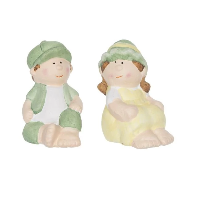 Gyerek fiú-lány sapkában ülő, 4,7x6,7x8,5 cm, sárga-zöld, 2 féle