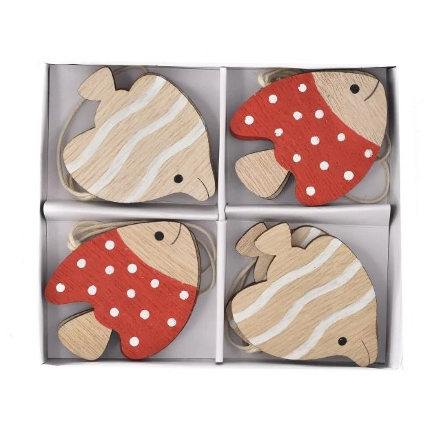 Akasztós, pöttyös, csíkos hal fa 12,5x10x1,5 cm natúr, piros 8 db