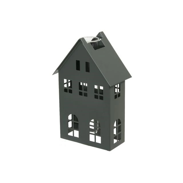 Ház, kémcső vázával, fém, olajzöld, 10x4x16 cm