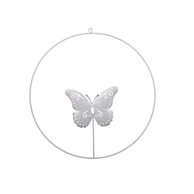 Akasztós fém karika pillangóval fehér 40 cm