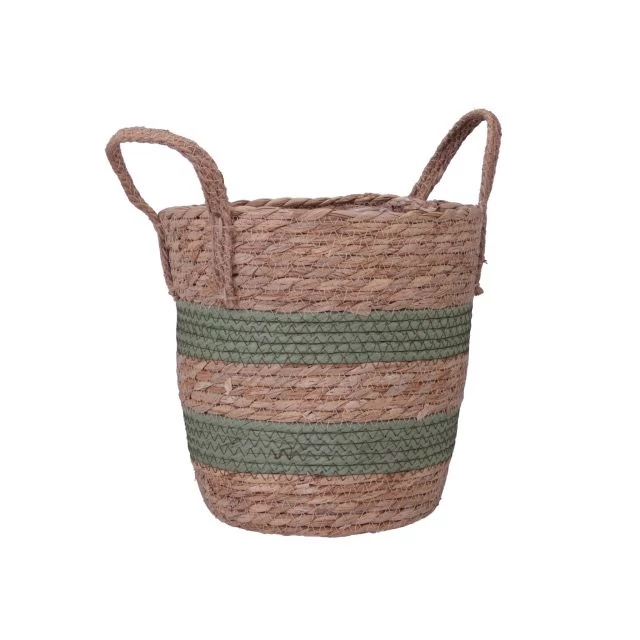 Rattan kaspó füllel, bélelt, 19x19 cm, natúr-zöld