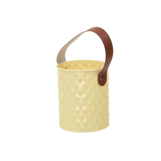 Bádog kaspó bőr füllel 9,5x11 cm halvány sárga