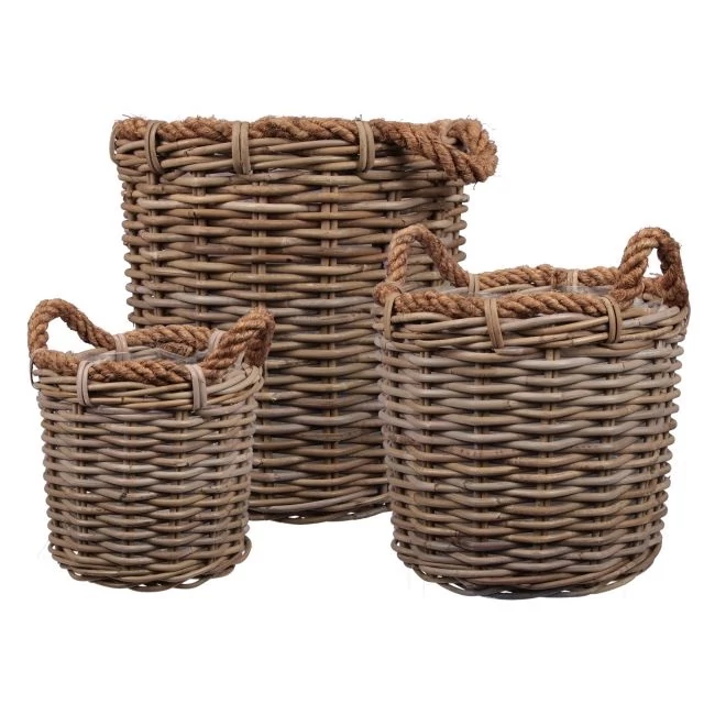 Kerek bélelt vessző kaspó füllel, 30/36/46 cm, natúr (3 db)