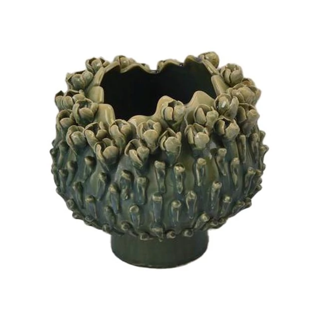 Kaspó kerámia gömbölyű 3D növény mintával türkizkék, zöld 22×22×19 cm