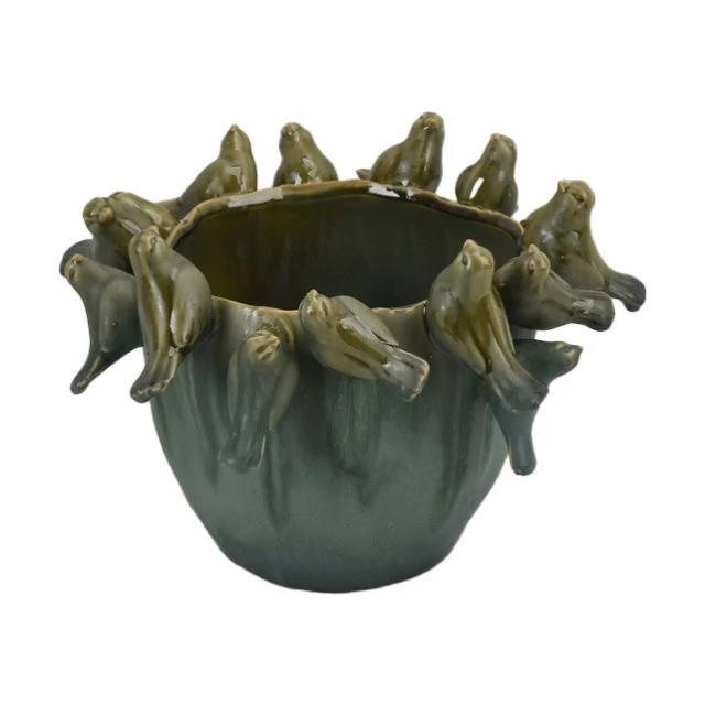 Kaspó kerámia kerek 3D madarakkal türkizkék, zöld 29×29×19,5 cm
