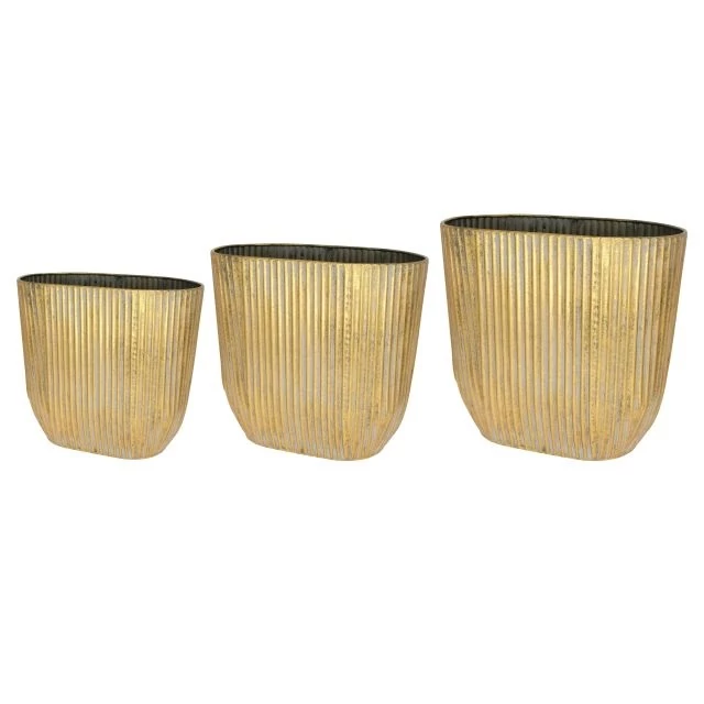 Kaspó ovális bordás bádog 35x20,5x30,5 cm antik arany 3 db
