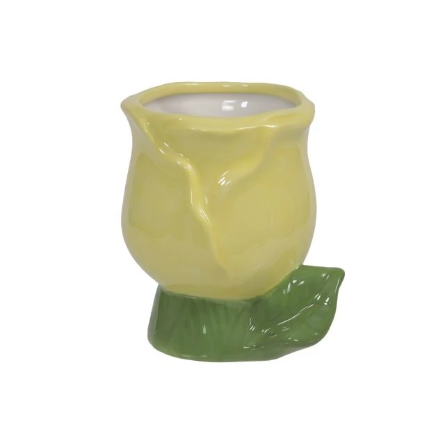 Kaspó kerámia tulipán forma sárga, zöld 8,5×10 cm