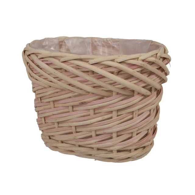 Ültethető kosár, hosszúkás, rattan, natúr, rózsaszín, 20x14x15 cm