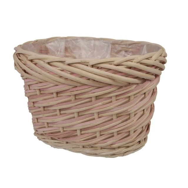 Ültethető kosár, hosszúkás, rattan, natúr, rózsaszín, 25x17,5x17 cm