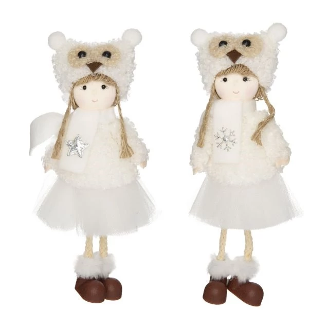 Kislány baglyos sapkában akasztós textil, 19 cm, fehér, 2 féle