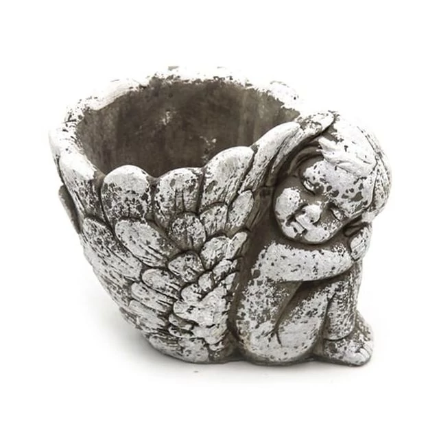 Kőkaspó angyallal cement 16,5x11,5x13 cm szürke