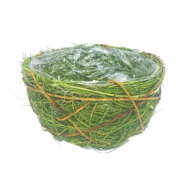 Bélelt szalma kosár, natúr-zöld, 25 cm, 3 db
