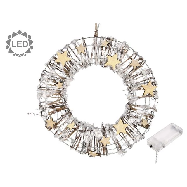 Koszorú, csillaggal, havas, LED-es, fa, 35 cm, natúr