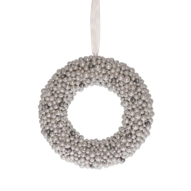 Glitteres koszorú bogyókból, műanyag, ezüst, 29 cm