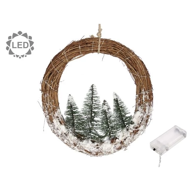 Koszorú, fenyővel, havas, LED-es, vessző, 30 cm, natúr, zöld