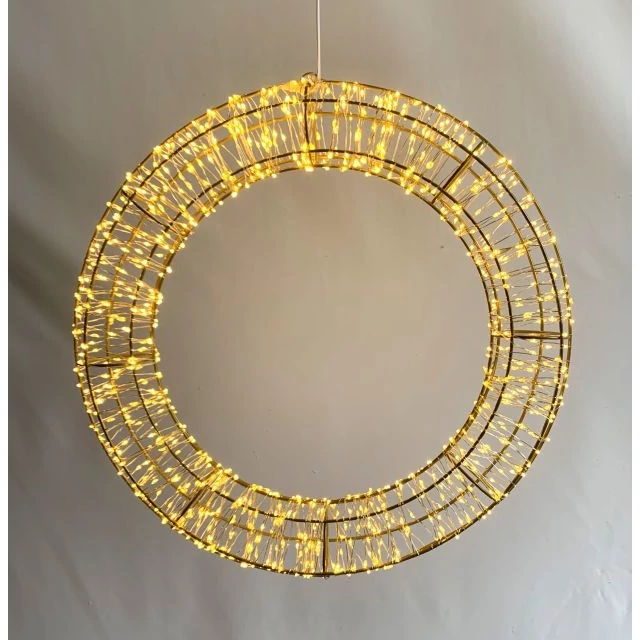 Kültéri koszorú, 960 LED, elektromos, fém, 45 cm, arany