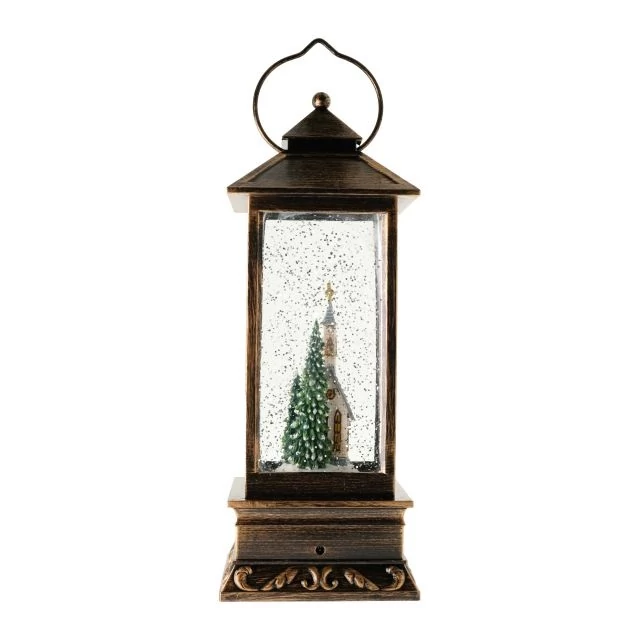 Zenélő lámpás, templommal, LED-es, USB-vel, réz, 27x9 cm