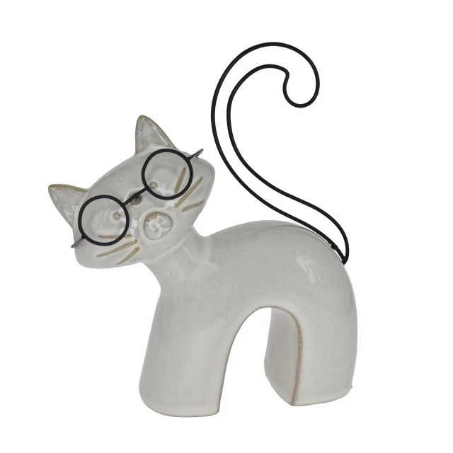 Porcelán macska szemüvegben, 10x4x11,3 cm, bézs