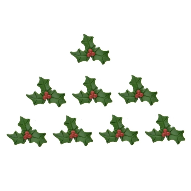 Öntapadós magyal levél bogyóval, poly, 3,5x2,5 cm, zöld, piros, 8 db