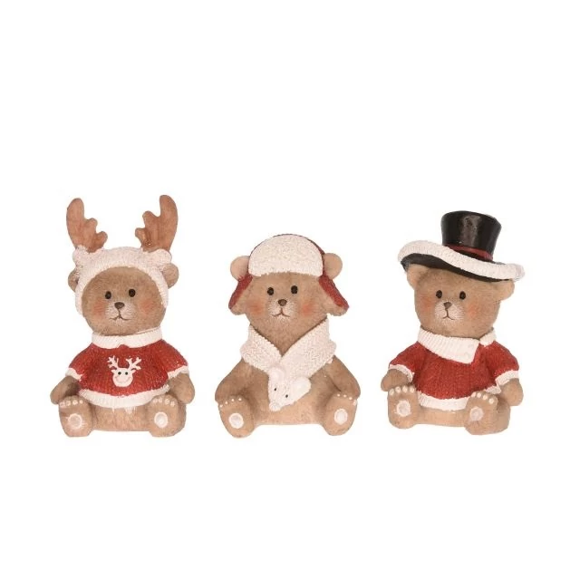 Medve sapkában ülő dekoráció, 5x4,5x6,5 cm, piros-fehér, 3 féle
