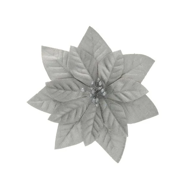 Csipeszes Mikulásvirág, textil, 16 cm, ezüst