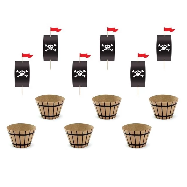 Muffin díszítő készlet, kalózos, papír, barna, fekete, 6 db