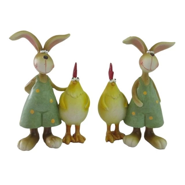 Álló nyúl csirkével, poly, zöld, sárga, 6,5x3x10 cm, 2 féle