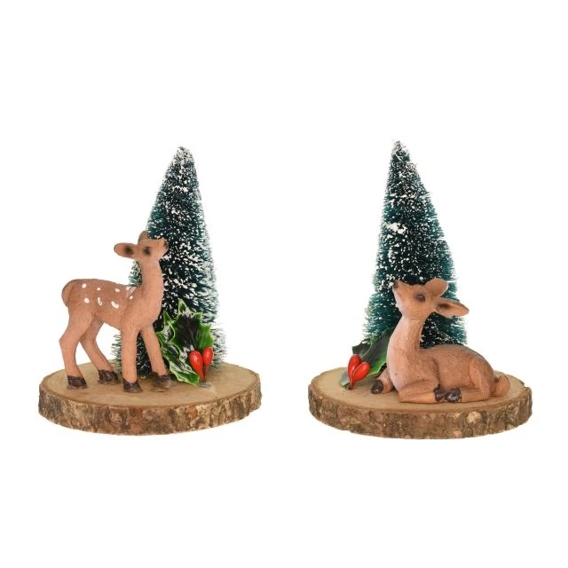 Őz fenyőfával, poly, zöld-barna, 8,6x8,3x10,3 cm, 2 féle