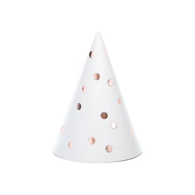Party kalap pöttyös papír 16cm fehér,rosegold 6 db
