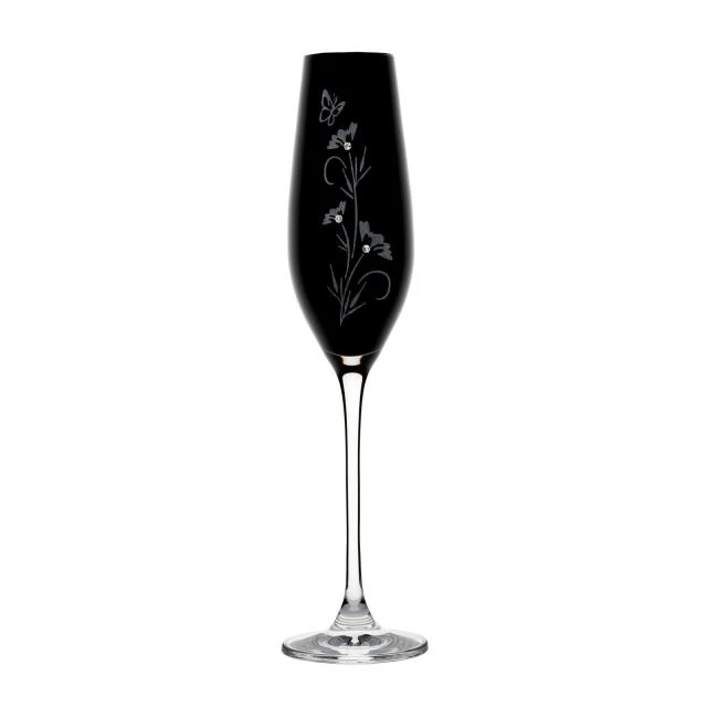 Üveg pezsgős pohár virágmintás Swarovski kristállyal fekete 210 ml 2 db