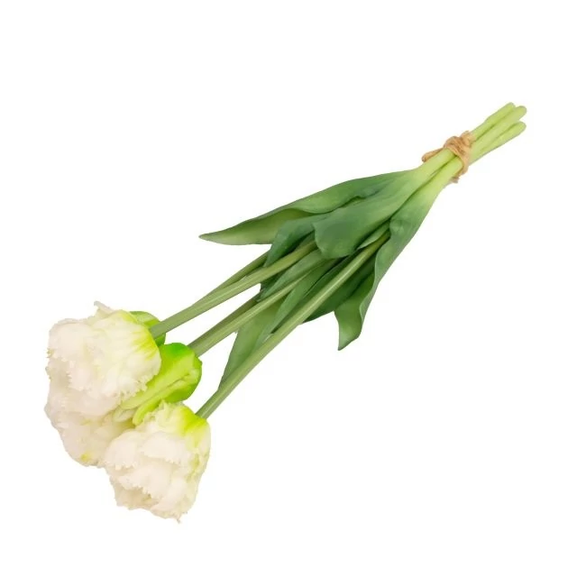 Selyemvirág papagáj tulipán csokor, 5 szálas, gumi, 47 cm, fehér