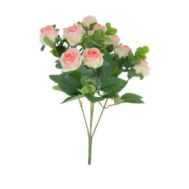 Selyemvirág rózsacsokor eukaliptusszal 32cm rózsaszín
