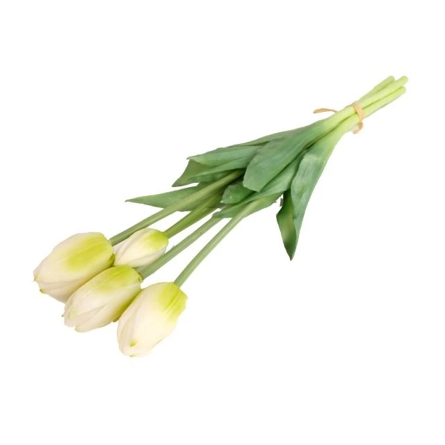 Selyemvirág tulipán csokor, 5 szálas, gumi, 47 cm, fehér
